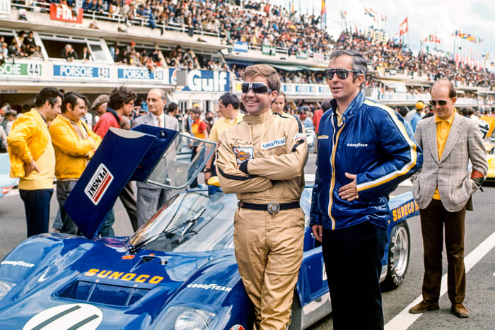 Penske entered Donohue (left) in the 24 Hours of Le Mans in 1971—but it was more like six hours, after engine troubled shortened the slide rule boys' day.